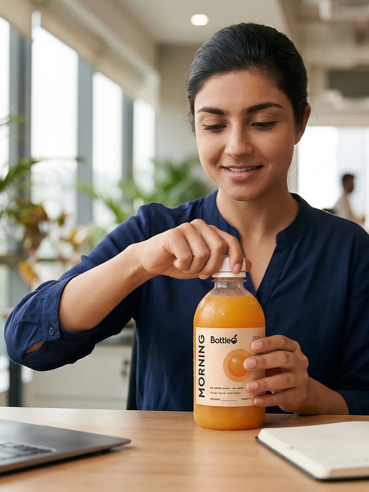 Opening a cold bottle of BottleO Morning at a desk in the afternoon