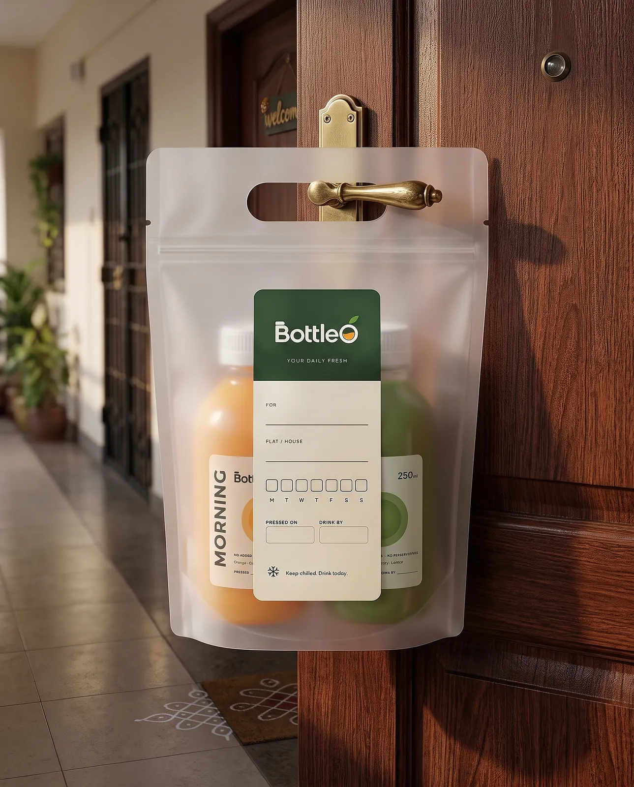 A frosted BottleO pouch with two bottles hanging on a front door
