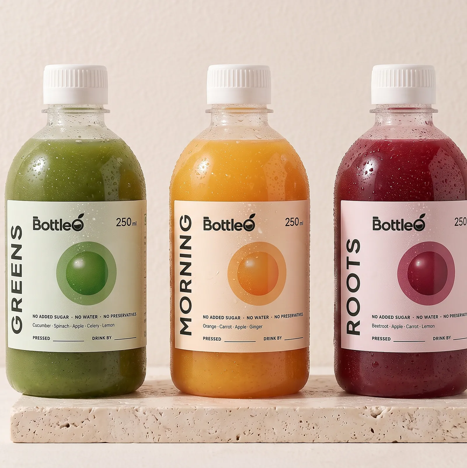 Three cold bottles of BottleO — Greens, Morning and Roots