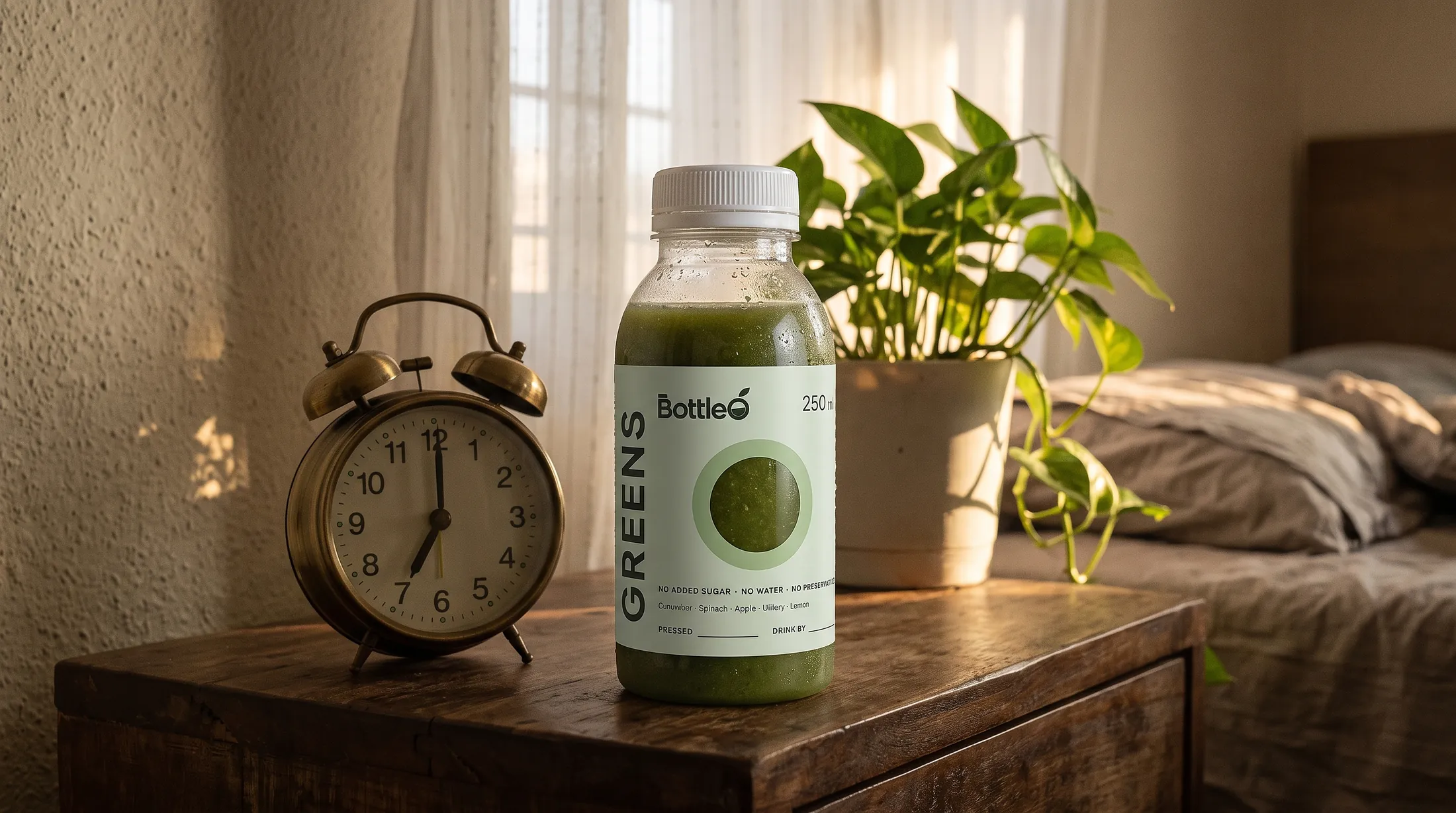 A bottle of BottleO Greens on a bedside table in morning light