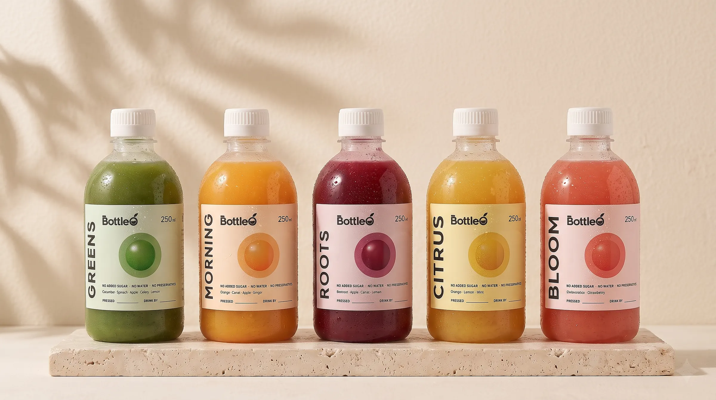 The five BottleO juices — Greens, Morning, Roots, Citrus and Bloom — in a row in morning light